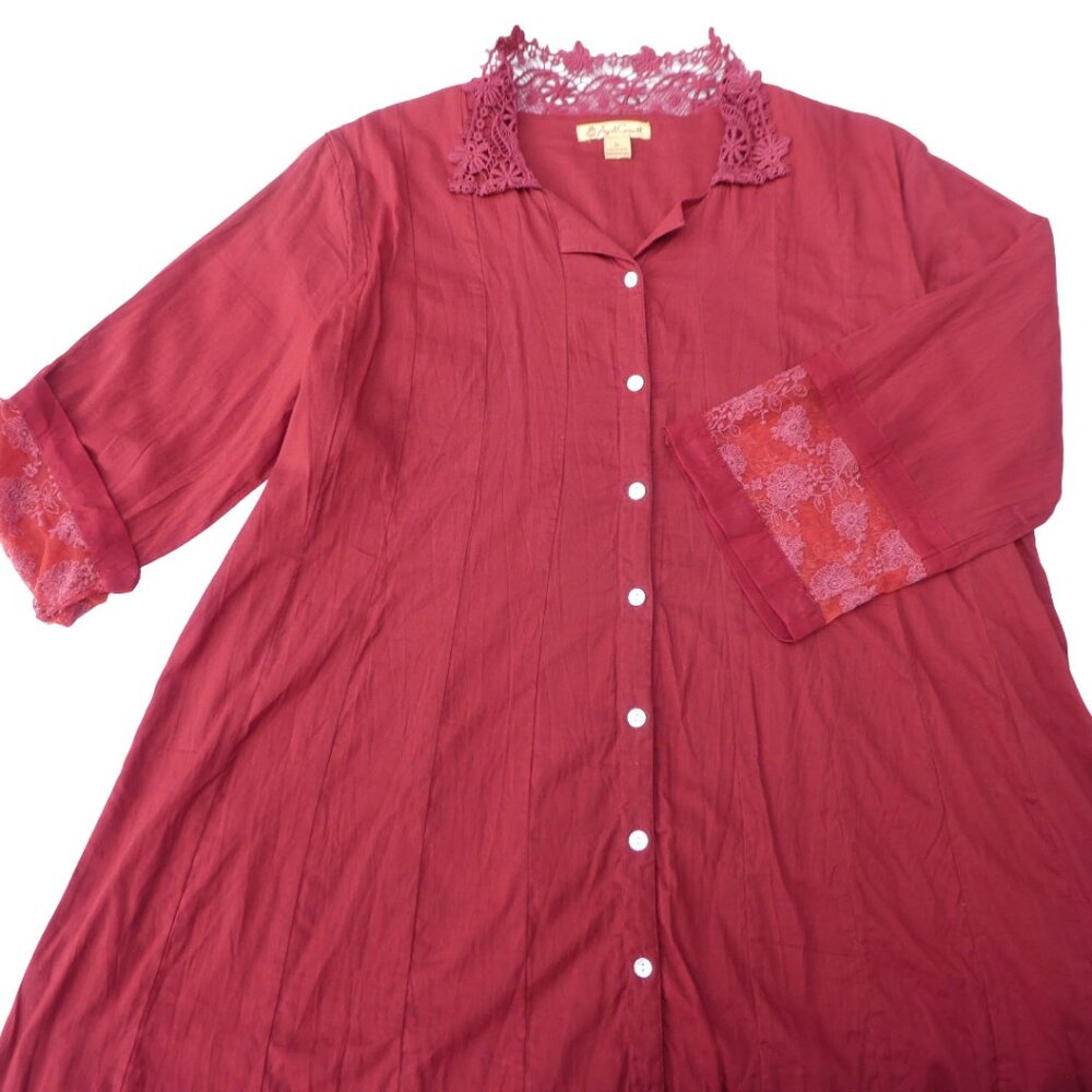 April Cornell Cotton Lace Boho Dress Midi Full Button Front Red Macrame Collar M